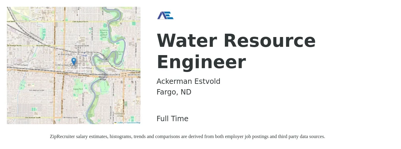 Ackerman Estvold job posting for a Water Resource Engineer in Fargo, ND with a salary of $77,600 to $106,000 Yearly with a map of Fargo location.