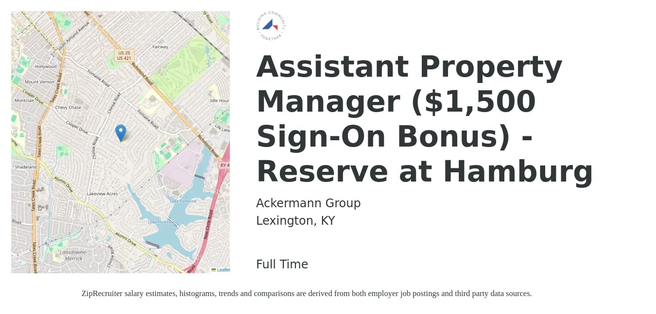 Ackermann Group job posting for a Assistant Property Manager ($1,500 Sign-On Bonus) - Reserve at Hamburg in Lexington, KY with a salary of $18 to $25 Hourly with a map of Lexington location.