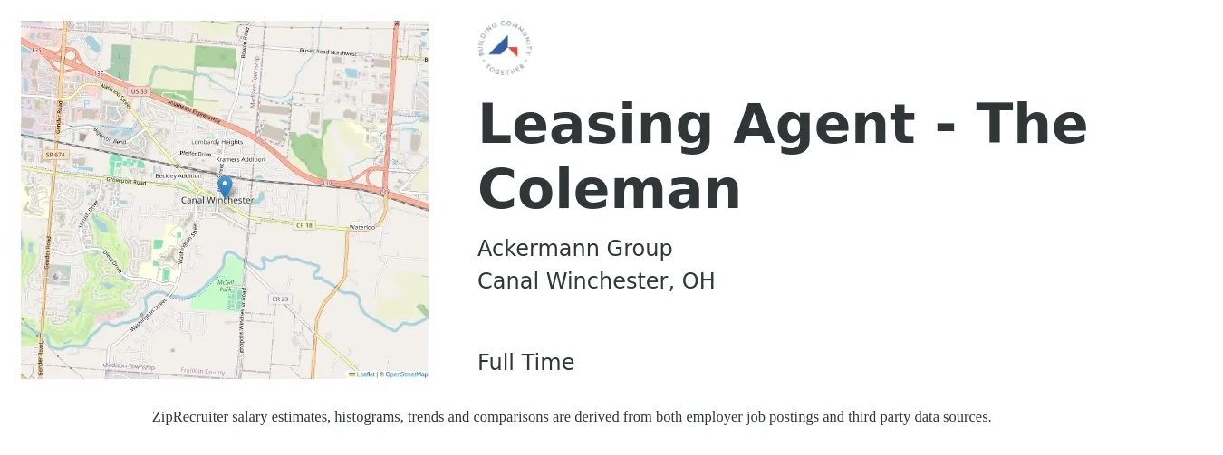 Ackermann Group job posting for a Leasing Agent - The Coleman in Canal Winchester, OH with a salary of $16 to $19 Hourly with a map of Canal Winchester location.