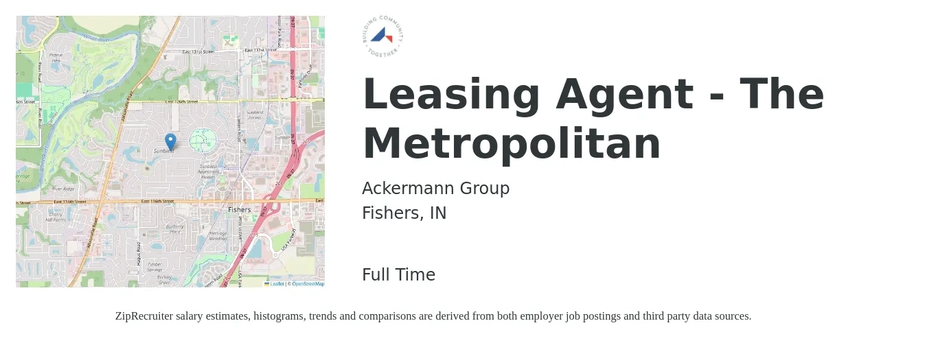 Ackermann Group job posting for a Leasing Agent - The Metropolitan in Fishers, IN with a salary of $16 to $19 Hourly with a map of Fishers location.