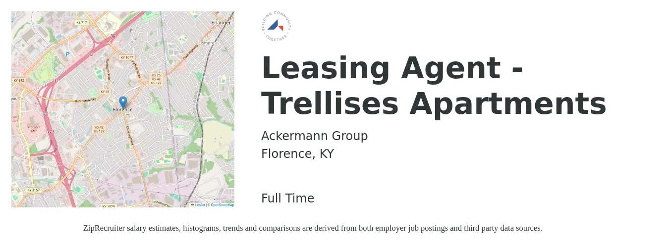 Ackermann Group job posting for a Leasing Agent - Trellises Apartments in Florence, KY with a salary of $16 to $20 Hourly with a map of Florence location.
