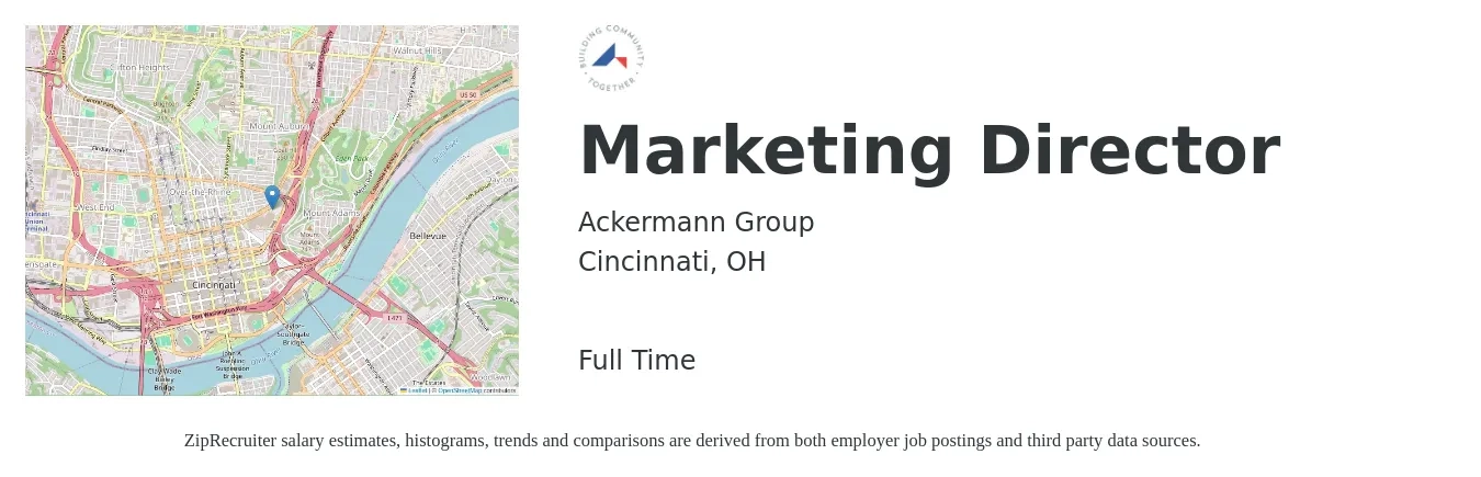 Ackermann Group job posting for a Marketing Director in Cincinnati, OH with a salary of $68,600 to $126,200 Yearly with a map of Cincinnati location.