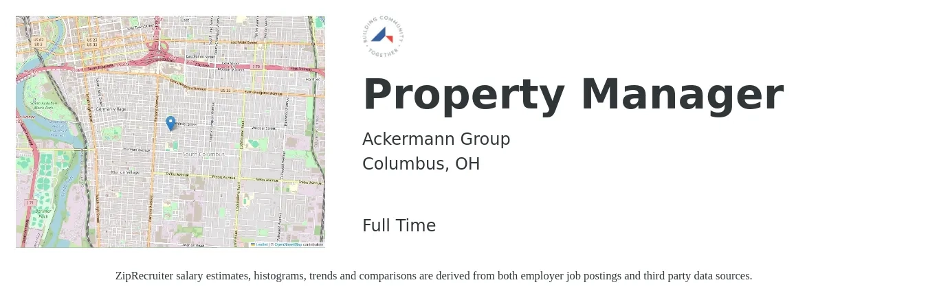 Ackermann Group job posting for a Property Manager in Columbus, OH with a salary of $42,500 to $65,700 Yearly with a map of Columbus location.
