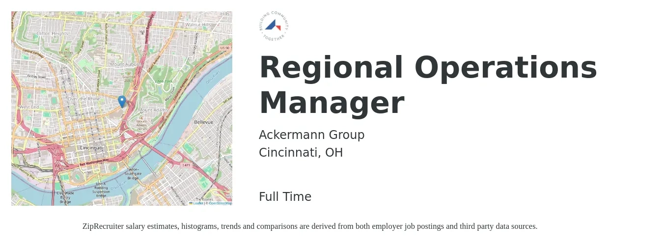 Ackermann Group job posting for a Regional Operations Manager in Cincinnati, OH with a salary of $64,800 to $103,600 Yearly with a map of Cincinnati location.