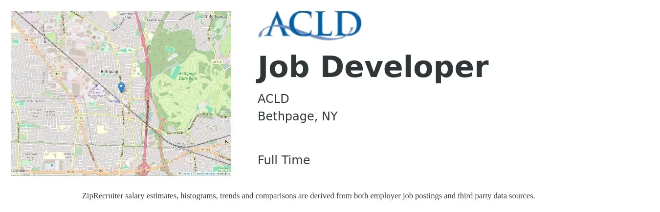 ACLD job posting for a Job Developer in Bethpage, NY with a salary of $20 to $25 Hourly with a map of Bethpage location.