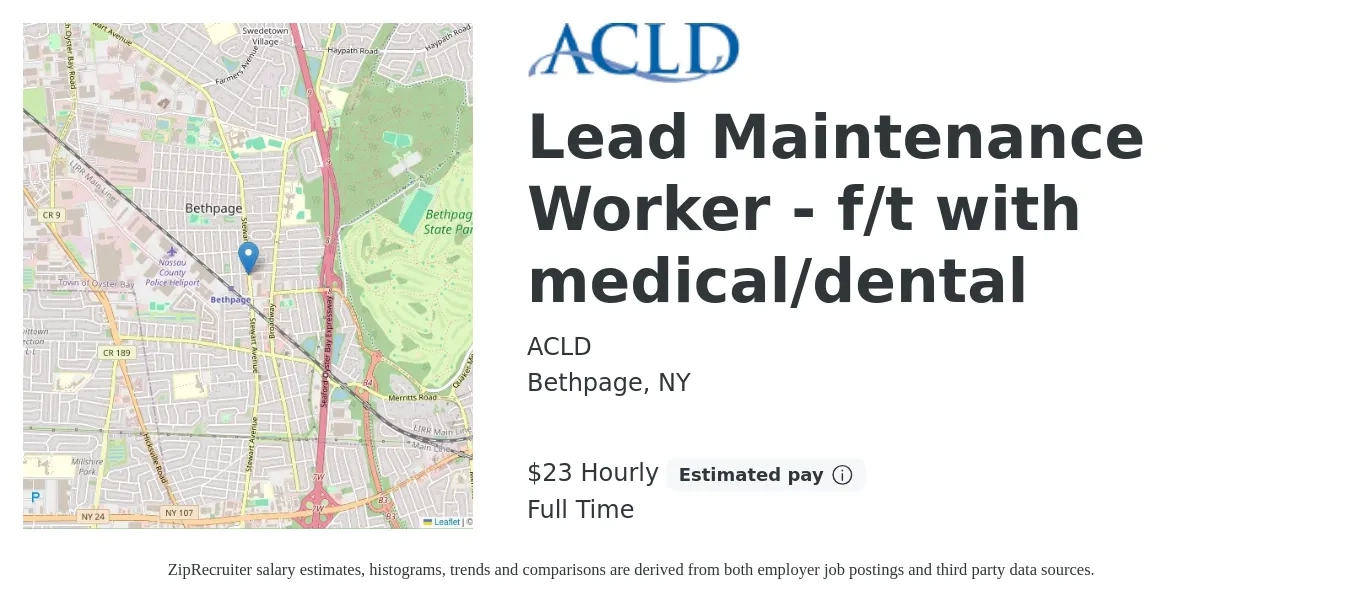 ACLD job posting for a Lead Maintenance Worker - f/t with medical/dental in Bethpage, NY with a salary of $25 Hourly with a map of Bethpage location.