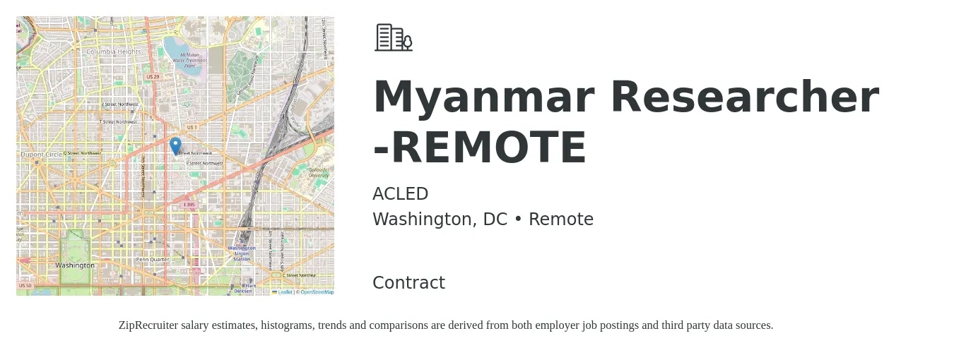 ACLED job posting for a Myanmar Researcher -REMOTE in Washington, DC with a salary of $75,900 to $174,400 Yearly with a map of Washington location.