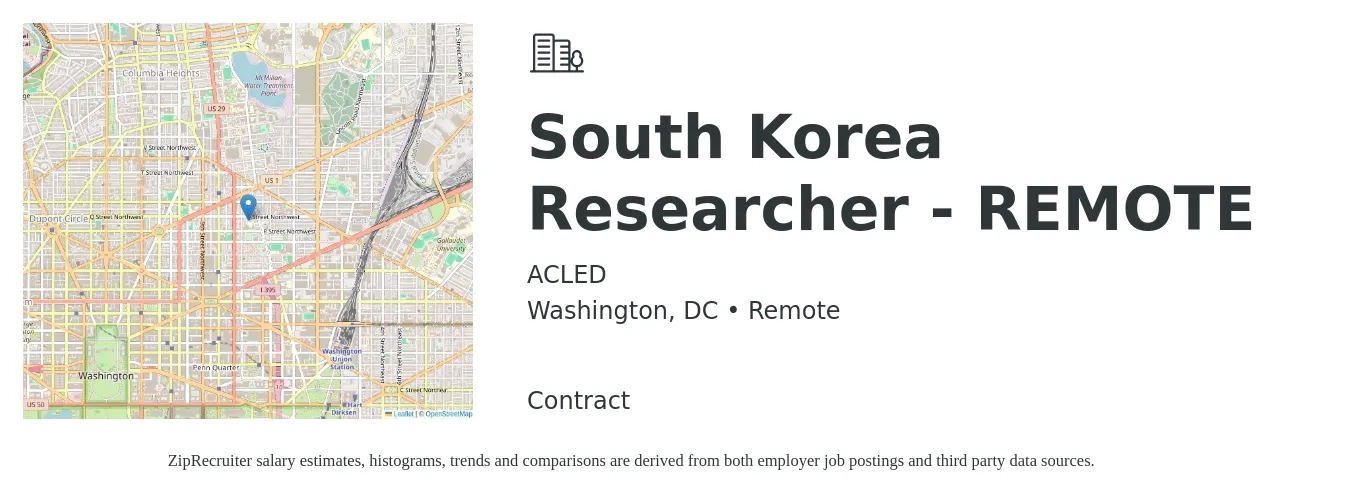 ACLED job posting for a South Korea Researcher - REMOTE in Washington, DC with a salary of $75,900 to $174,400 Yearly with a map of Washington location.