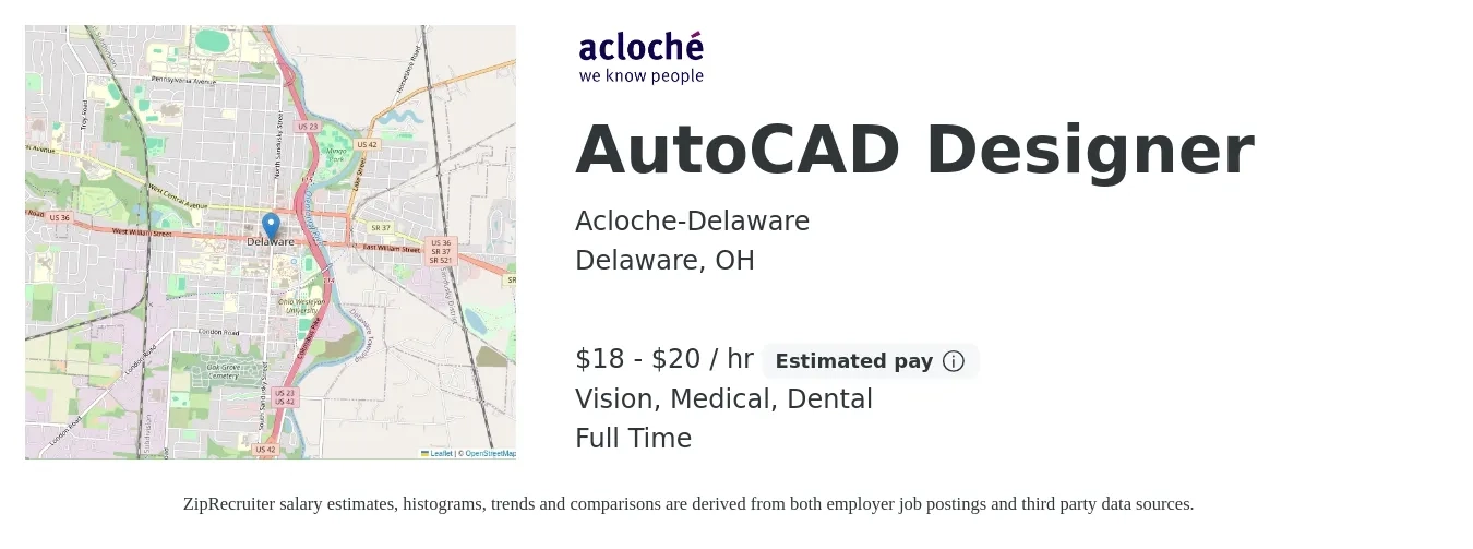 Acloche-Delaware job posting for a AutoCAD Designer in Delaware, OH with a salary of $19 to $21 Hourly and benefits including dental, life_insurance, medical, pto, retirement, and vision with a map of Delaware location.