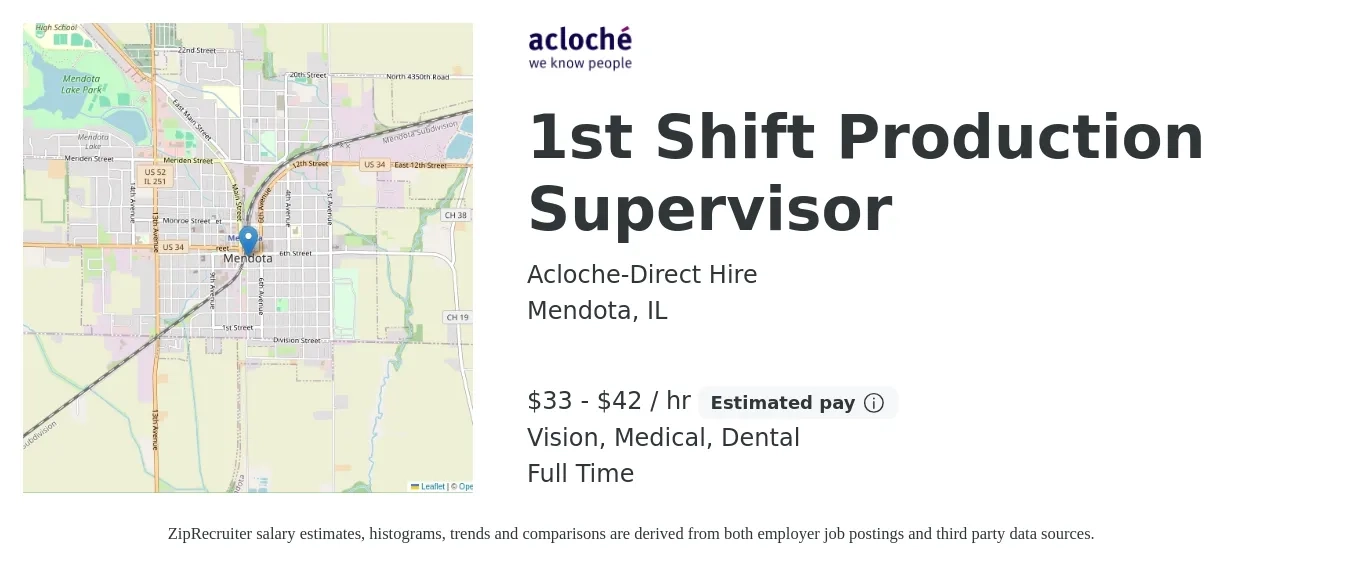Acloche-Direct Hire job posting for a 1st Shift Production Supervisor in Mendota, IL with a salary of $34 to $44 Hourly and benefits including dental, life_insurance, medical, pto, retirement, and vision with a map of Mendota location.