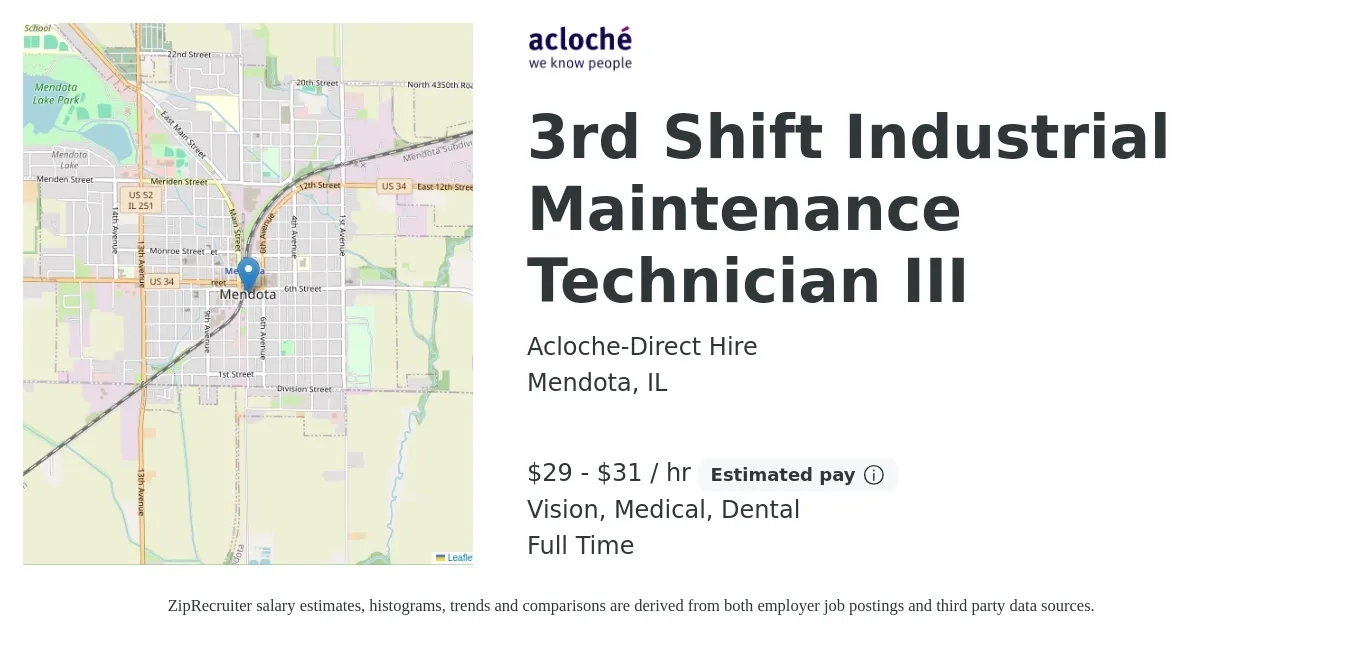 Acloche-Direct Hire job posting for a 3rd Shift Industrial Maintenance Technician III in Mendota, IL with a salary of $31 to $33 Hourly and benefits including vision, dental, life_insurance, medical, and retirement with a map of Mendota location.