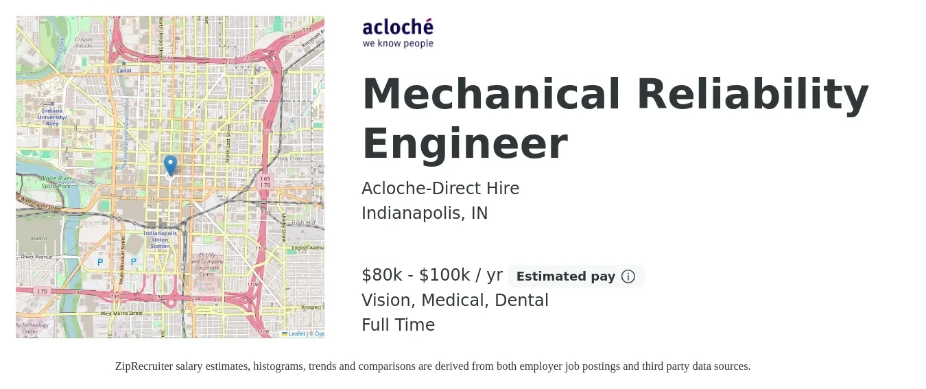 Acloche-Direct Hire job posting for a Mechanical Reliability Engineer in Indianapolis, IN with a salary of $80,000 to $100,000 Yearly and benefits including retirement, vision, dental, life_insurance, medical, and pto with a map of Indianapolis location.