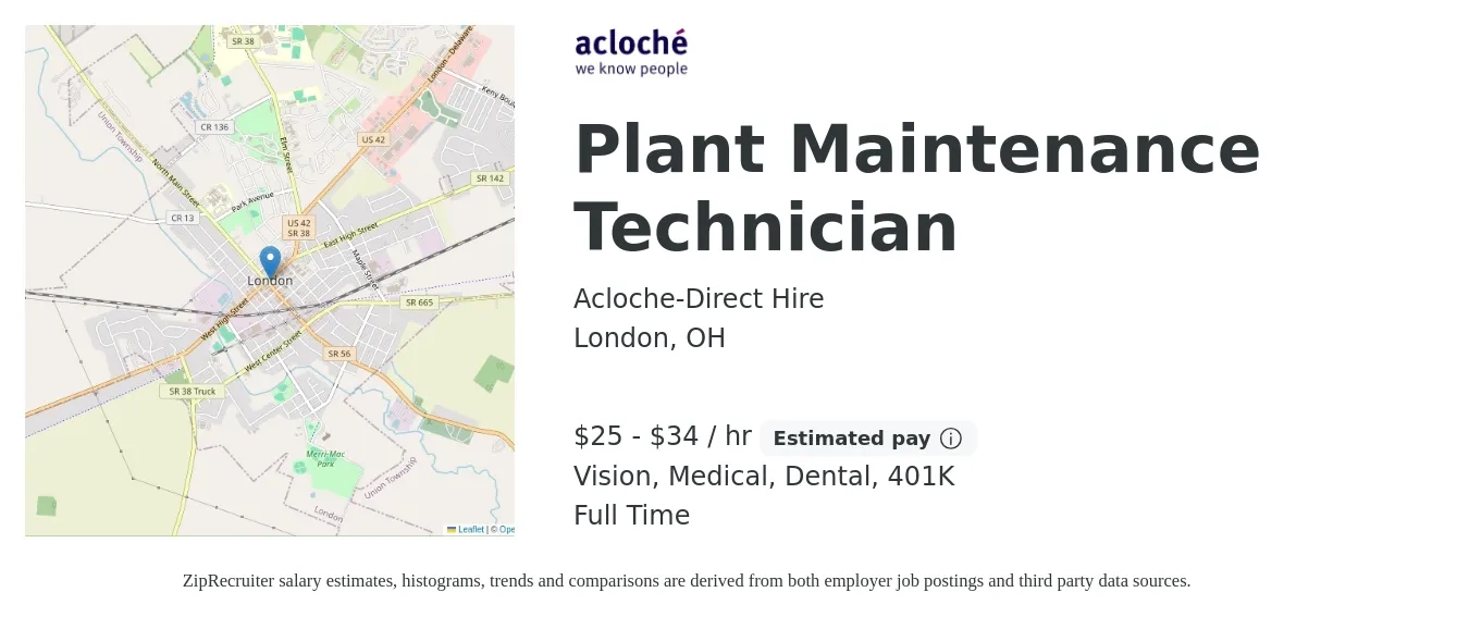 Acloche-Direct Hire job posting for a Plant Maintenance Technician in London, OH with a salary of $27 to $36 Hourly and benefits including 401k, dental, life_insurance, medical, and vision with a map of London location.