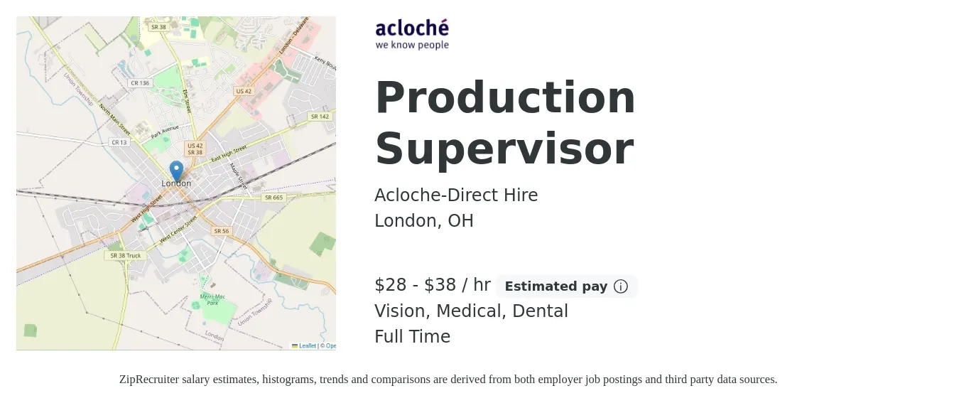Acloche-Direct Hire job posting for a Production Supervisor in London, OH with a salary of $30 to $40 Hourly and benefits including pto, retirement, vision, dental, life_insurance, and medical with a map of London location.