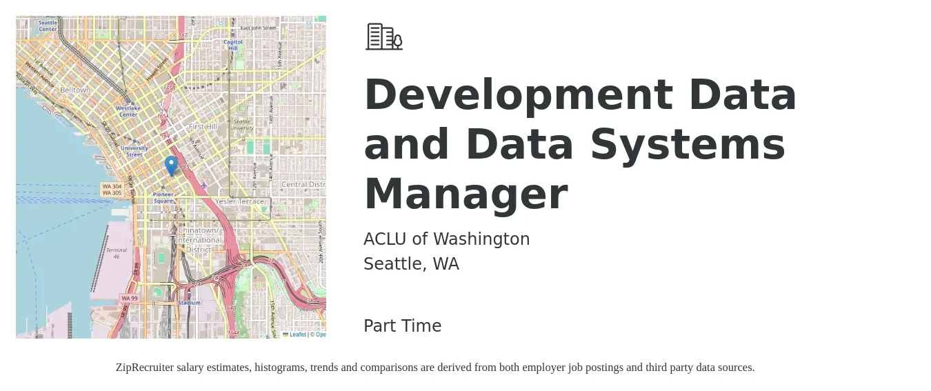 ACLU of Washington job posting for a Development Data and Data Systems Manager in Seattle, WA with a salary of $75,100 to $142,800 Yearly with a map of Seattle location.