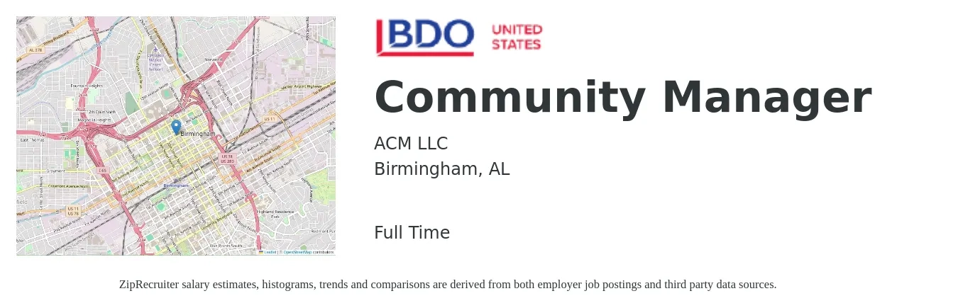 ACM LLC job posting for a Community Manager in Birmingham, AL with a salary of $44,000 to $62,800 Yearly with a map of Birmingham location.