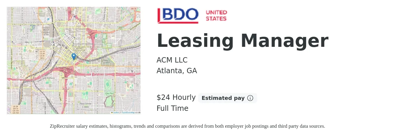 ACM LLC job posting for a Leasing Manager in Atlanta, GA with a salary of $25 Hourly with a map of Atlanta location.