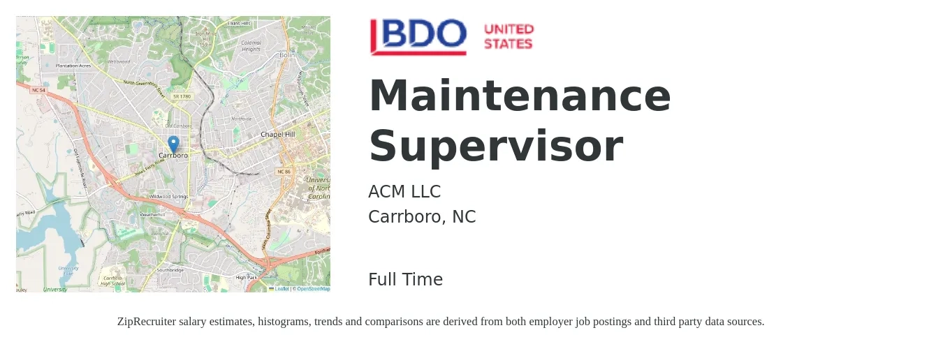 ACM LLC job posting for a Maintenance Supervisor in Carrboro, NC with a salary of $28 to $34 Hourly with a map of Carrboro location.
