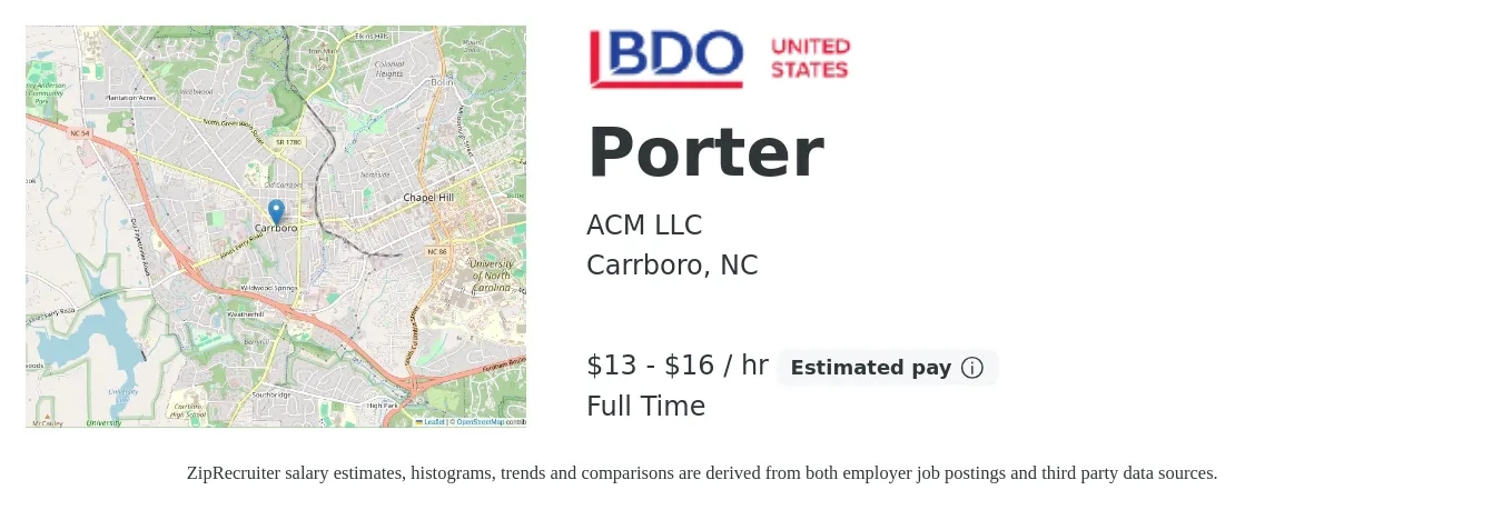 ACM LLC job posting for a Porter in Carrboro, NC with a salary of $14 to $17 Hourly with a map of Carrboro location.