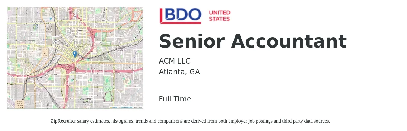 ACM LLC job posting for a Senior Accountant in Atlanta, GA with a salary of $72,600 to $91,200 Yearly with a map of Atlanta location.