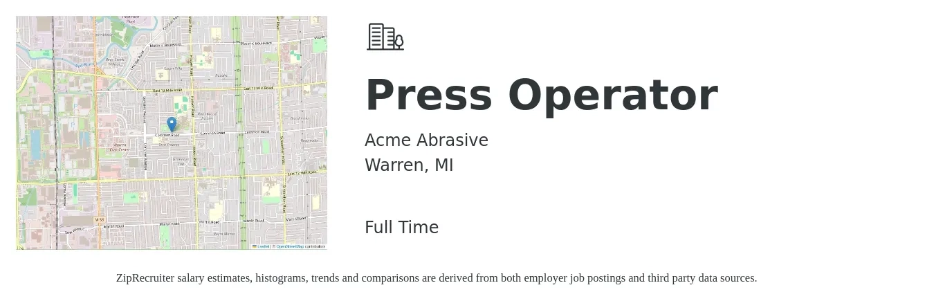 Acme Abrasive job posting for a Press Operator in Warren, MI with a salary of $16 to $20 Hourly with a map of Warren location.