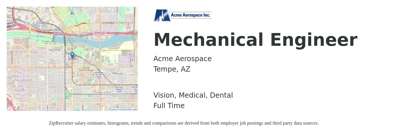 Acme Aerospace job posting for a Mechanical Engineer in Tempe, AZ with a salary of $78,100 to $121,200 Yearly and benefits including dental, life_insurance, medical, pto, retirement, and vision with a map of Tempe location.