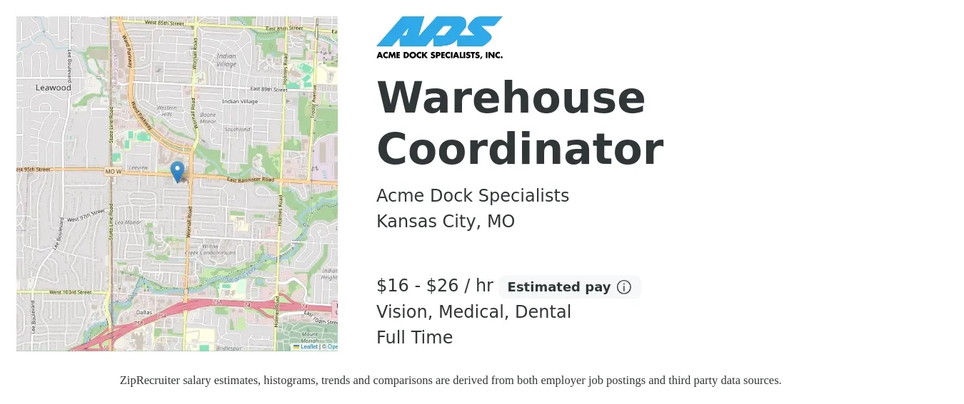 Acme Dock Specialists job posting for a Warehouse Coordinator in Kansas City, MO with a salary of $17 to $28 Hourly and benefits including dental, life_insurance, medical, pto, retirement, and vision with a map of Kansas City location.