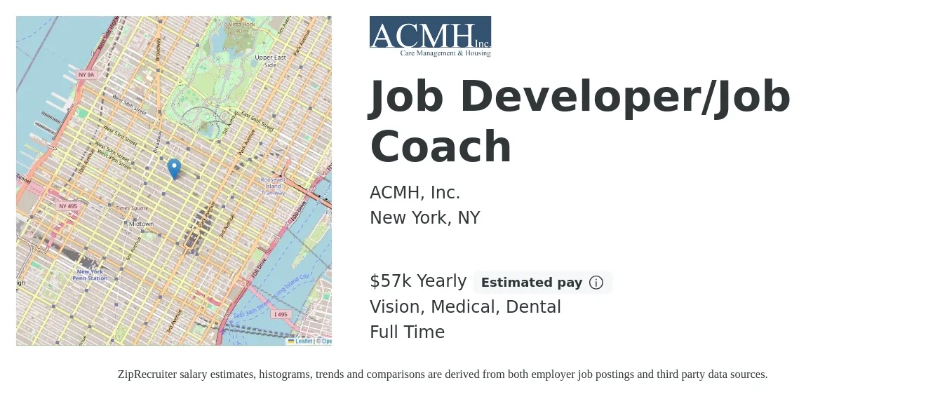 ACMH, Inc. job posting for a Job Developer/Job Coach in New York, NY with a salary of $57,200 Yearly and benefits including medical, pto, retirement, vision, dental, and life_insurance with a map of New York location.