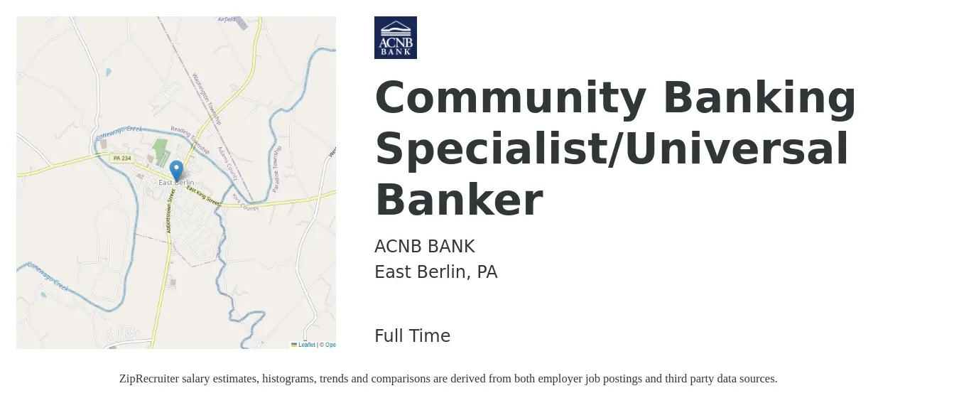 ACNB BANK job posting for a Community Banking Specialist/Universal Banker in East Berlin, PA with a salary of $17 to $22 Hourly with a map of East Berlin location.
