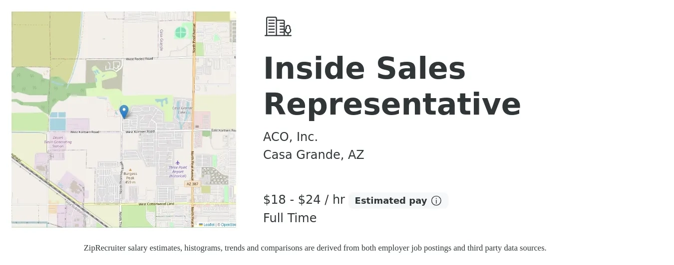 ACO, Inc. job posting for a Inside Sales Representative in Casa Grande, AZ with a salary of $19 to $26 Hourly with a map of Casa Grande location.