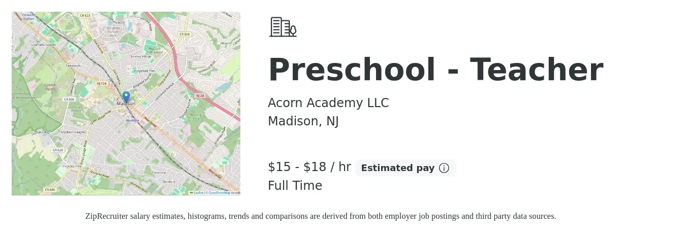 Acorn Academy LLC job posting for a Preschool - Teacher in Madison, NJ with a salary of $16 to $19 Hourly with a map of Madison location.
