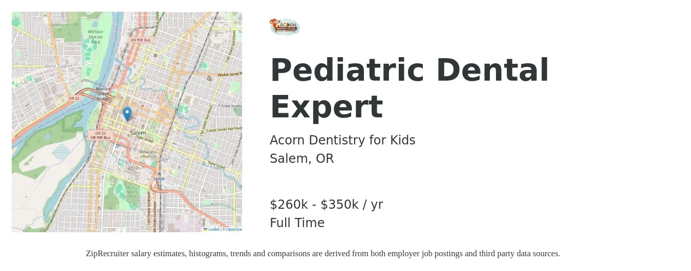 Acorn Dentistry for Kids job posting for a Pediatric Dental Expert in Salem, OR with a salary of $260,000 to $350,000 Yearly with a map of Salem location.
