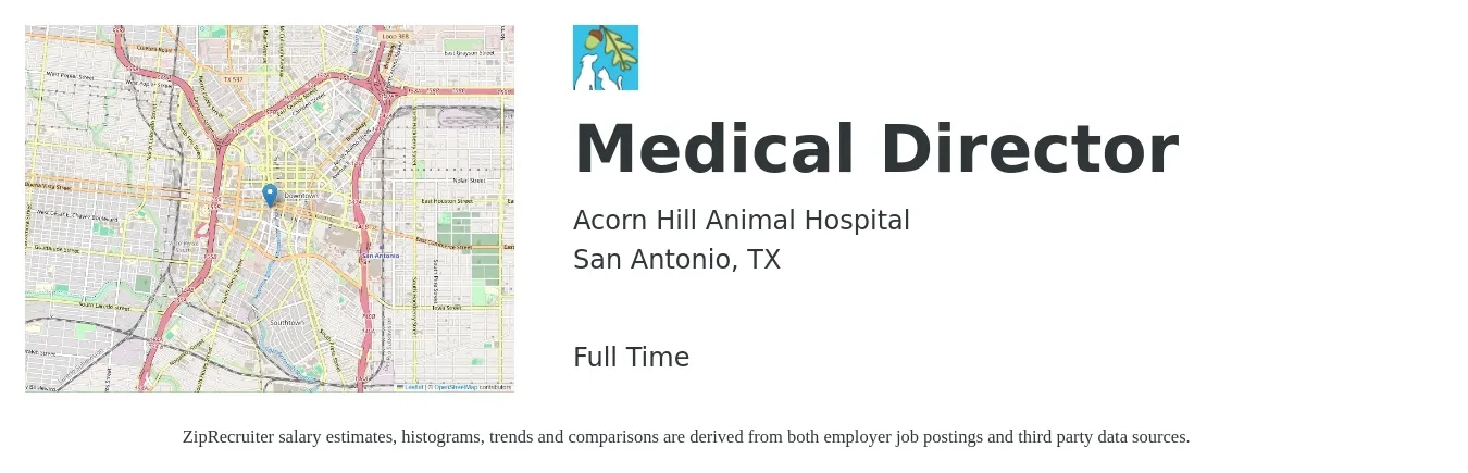 Acorn Hill Animal Hospital job posting for a Veterinarian - Medical Director in San Antonio, TX with a salary of $50,500 to $75,300 Yearly with a map of San Antonio location.