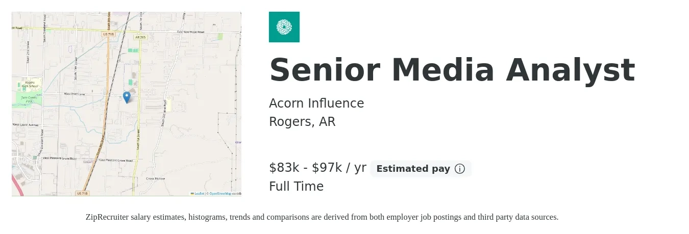 Acorn Influence job posting for a Senior Media Analyst in Rogers, AR with a salary of $83,000 to $97,000 Yearly with a map of Rogers location.