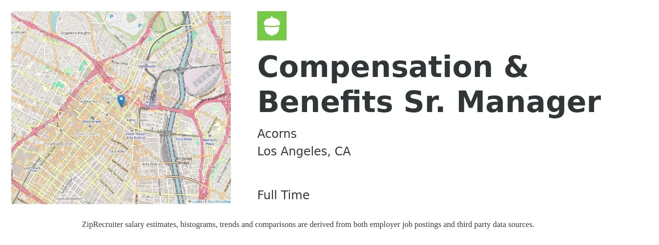 Acorns job posting for a Compensation & Benefits Sr. Manager in Los Angeles, CA with a salary of $74,900 to $143,300 Yearly with a map of Los Angeles location.