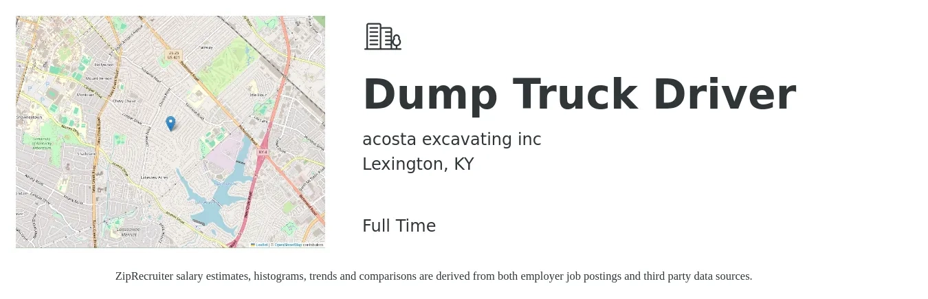 acosta excavating inc job posting for a Dump Truck Driver in Lexington, KY with a salary of $20 to $26 Hourly and benefits including retirement, and pto with a map of Lexington location.