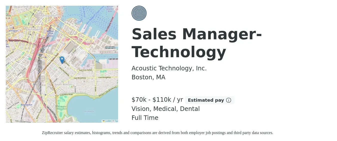 Acoustic Technology, Inc. job posting for a Sales Manager-Technology in Boston, MA with a salary of $70,000 to $110,000 Yearly (plus commission) and benefits including dental, life_insurance, medical, retirement, and vision with a map of Boston location.