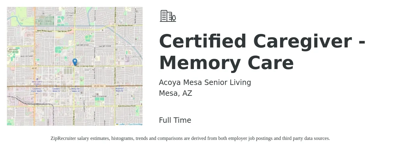 Acoya Mesa Senior Living job posting for a Certified Caregiver - Memory Care in Mesa, AZ with a salary of $15 to $18 Hourly with a map of Mesa location.