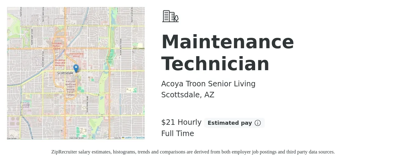 Acoya Troon Senior Living job posting for a Maintenance Technician in Scottsdale, AZ with a salary of $22 Hourly with a map of Scottsdale location.
