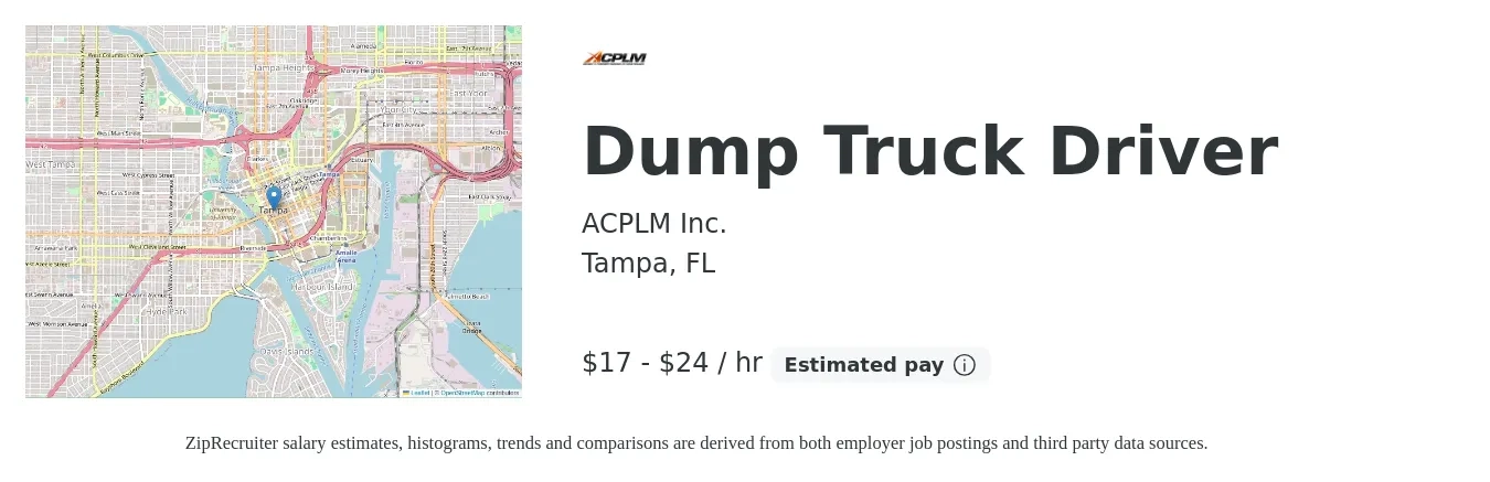 ACPLM Inc. job posting for a Dump Truck Driver in Tampa, FL with a salary of $18 to $25 Hourly with a map of Tampa location.
