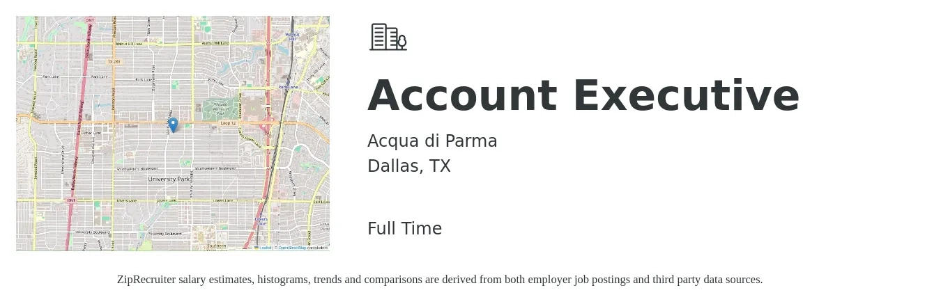 Acqua di Parma job posting for a Account Executive in Dallas, TX with a salary of $75 Hourly with a map of Dallas location.