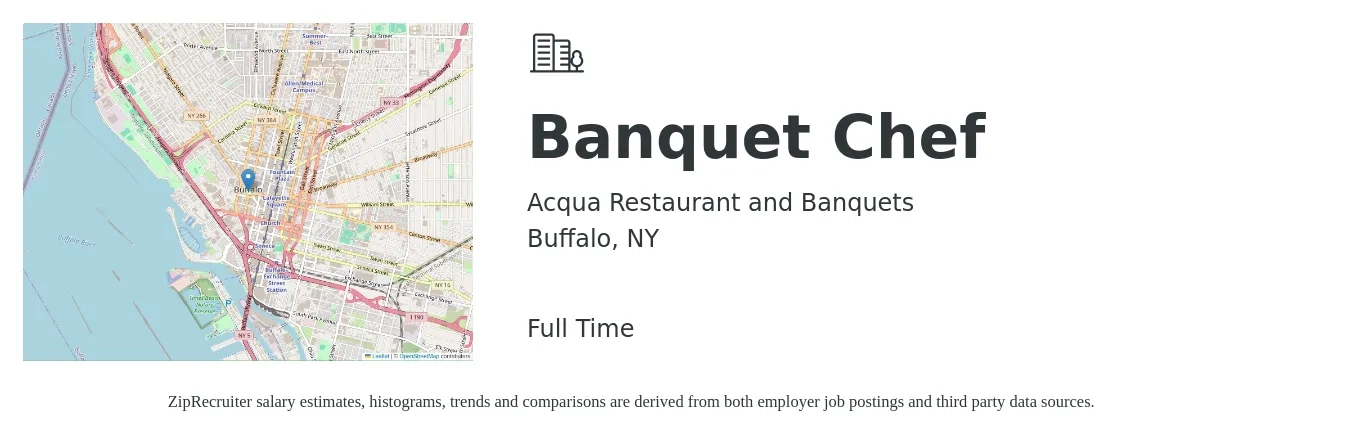 Acqua Restaurant and Banquets job posting for a Banquet Chef in Buffalo, NY with a salary of $52,800 to $79,400 Yearly with a map of Buffalo location.