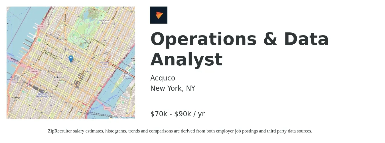 Acquco job posting for a Operations & Data Analyst in New York, NY with a salary of $70,000 to $90,000 Yearly with a map of New York location.