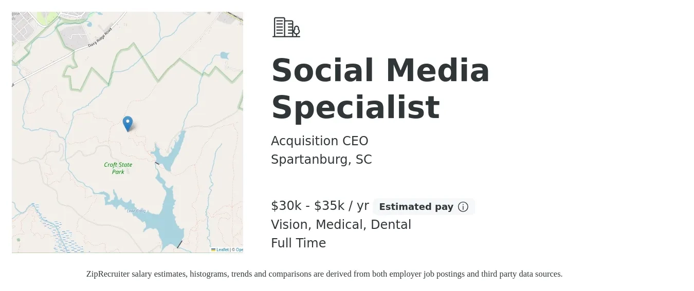 Acquisition CEO job posting for a Social Media Specialist in Spartanburg, SC with a salary of $30,000 to $35,000 Yearly and benefits including medical, vision, and dental with a map of Spartanburg location.