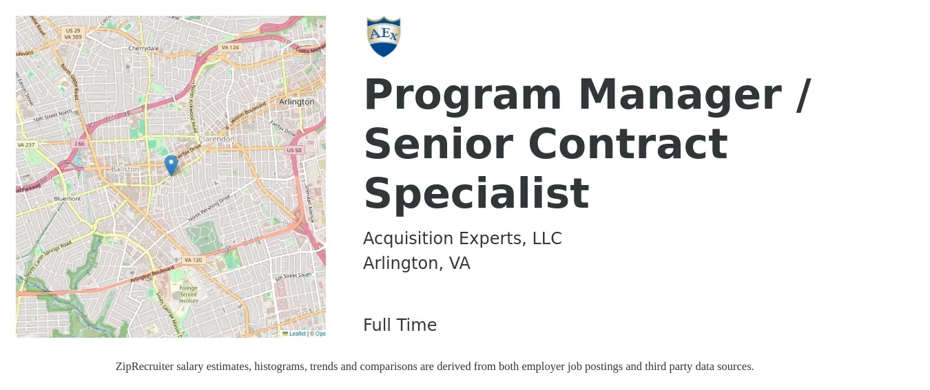 Acquisition Experts, LLC job posting for a Program Manager / Senior Contract Specialist in Arlington, VA with a salary of $112,600 Yearly with a map of Arlington location.