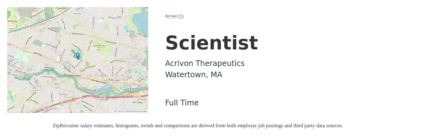 Acrivon Therapeutics job posting for a Scientist in Watertown, MA with a salary of $55 to $58 Hourly with a map of Watertown location.