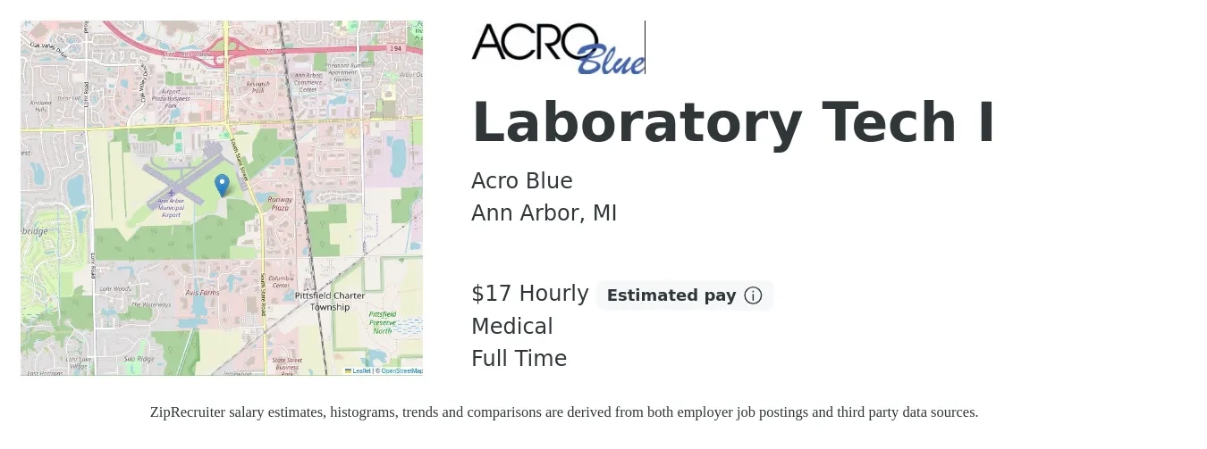 Acro Blue job posting for a Laboratory Tech I in Ann Arbor, MI with a salary of $18 Hourly and benefits including medical, and retirement with a map of Ann Arbor location.
