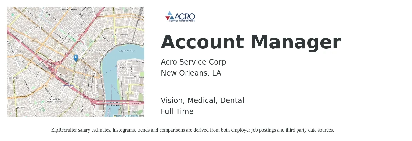 Acro Service Corp job posting for a Account Manager in New Orleans, LA with a salary of $46,100 to $75,400 Yearly and benefits including life_insurance, medical, retirement, vision, and dental with a map of New Orleans location.