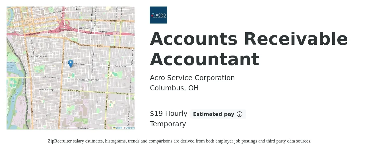 Acro Service Corporation job posting for a Accounts Receivable Accountant in Columbus, OH with a salary of $20 Hourly with a map of Columbus location.