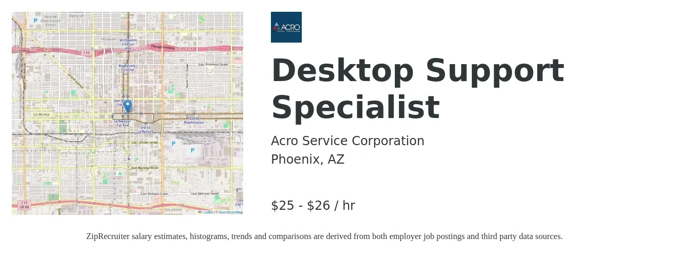 Acro Service Corp job posting for a Desktop Support Specialist in Phoenix, AZ with a salary of $26 to $28 Hourly with a map of Phoenix location.